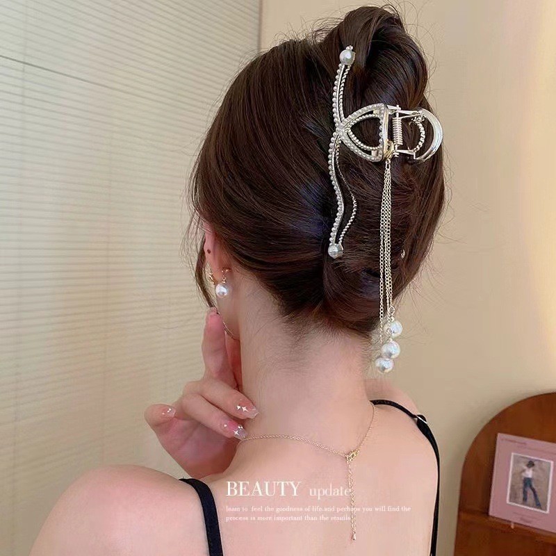 New light luxury bow, figure-eight pearl tassel, women's large French back head bun hair clip accessory Specification drawing