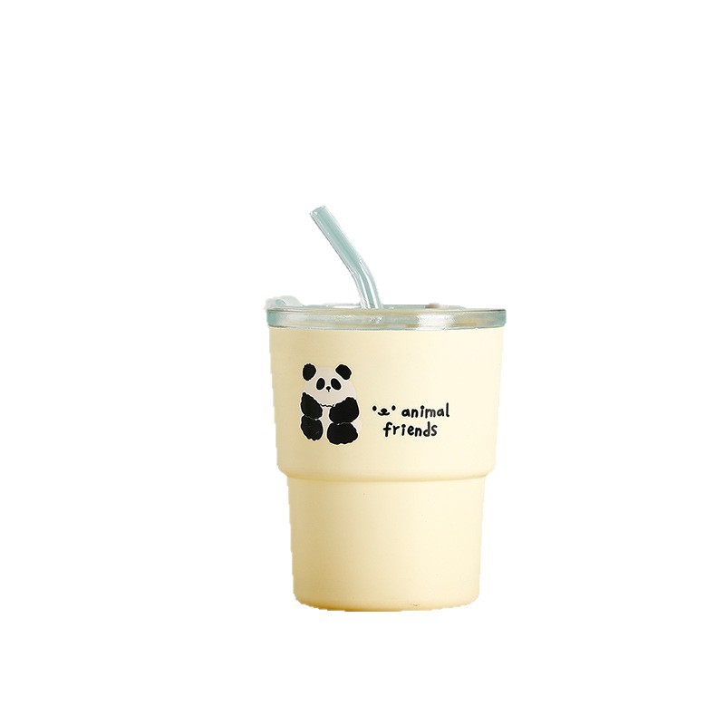 Cartoon glass coffee cup, girls' high school appearance level, double-layer water cup with straw, mug with lid, anti-scald water cup, beverage cup Item Picture