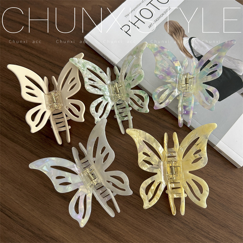 Hollowed-out acetic acid high-quality beige bow shark clip, cream semi-clip hair clip, ins style hair clip details Picture