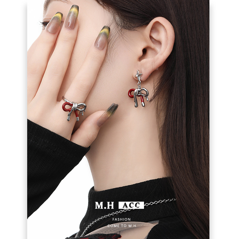 Angola red bow earrings 925 Autumn/Winter High-end stud earrings wholesale simple style French retro earrings for women Specification drawing