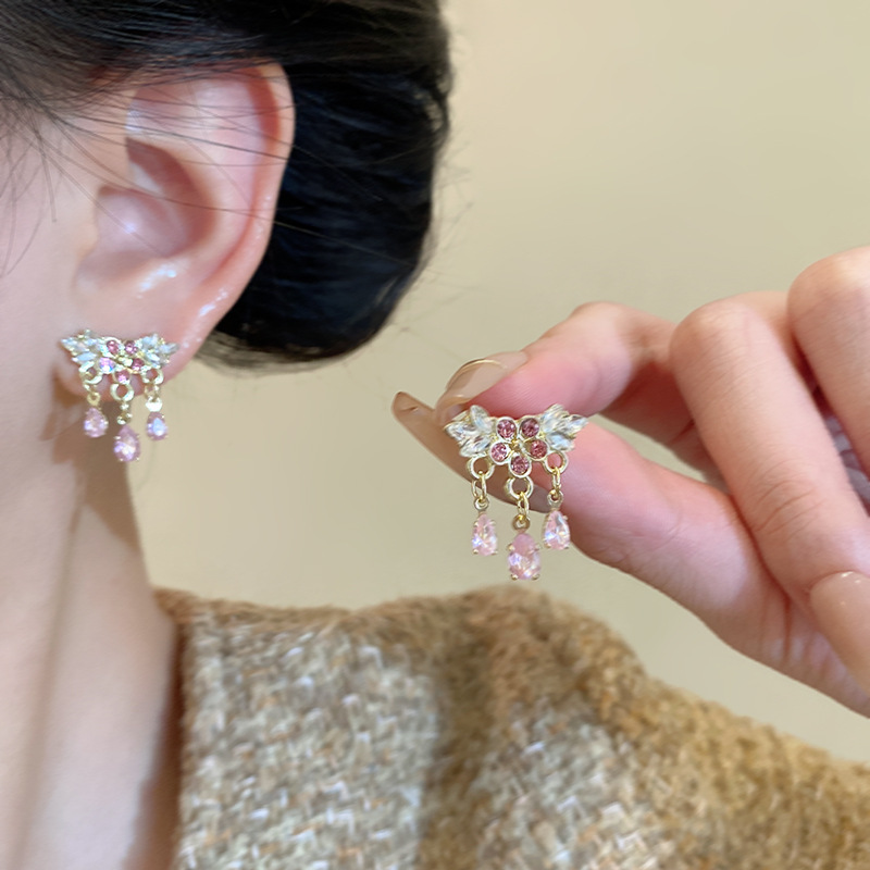 925 Silver Needle Flower Tassel Earrings for Women, 2024 New style, light luxury, niche, high-end, exquisite stud earrings, elegant earrings details Picture
