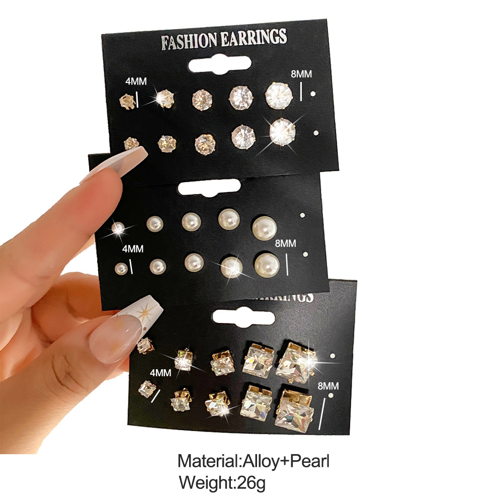 A set of 15 pairs of geometric six-prong crystal zircon stud earrings with a retro charm, which are popular in European and American foreign trade details Picture
