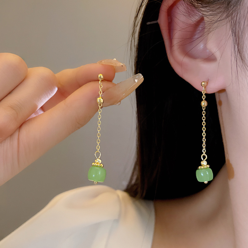 S925 Silver needle Light Luxury Niche long tassel chalcedony earrings, a versatile and elegant earring accessory for women, the same style as a popular online celebrity details Picture
