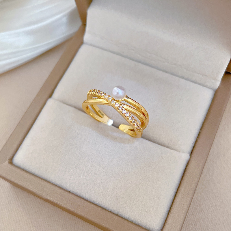 【 Real Gold 】 Cross-pearl full diamond ring with adjustable opening, simple Japanese-style bracelet, couple rings Application Scenario