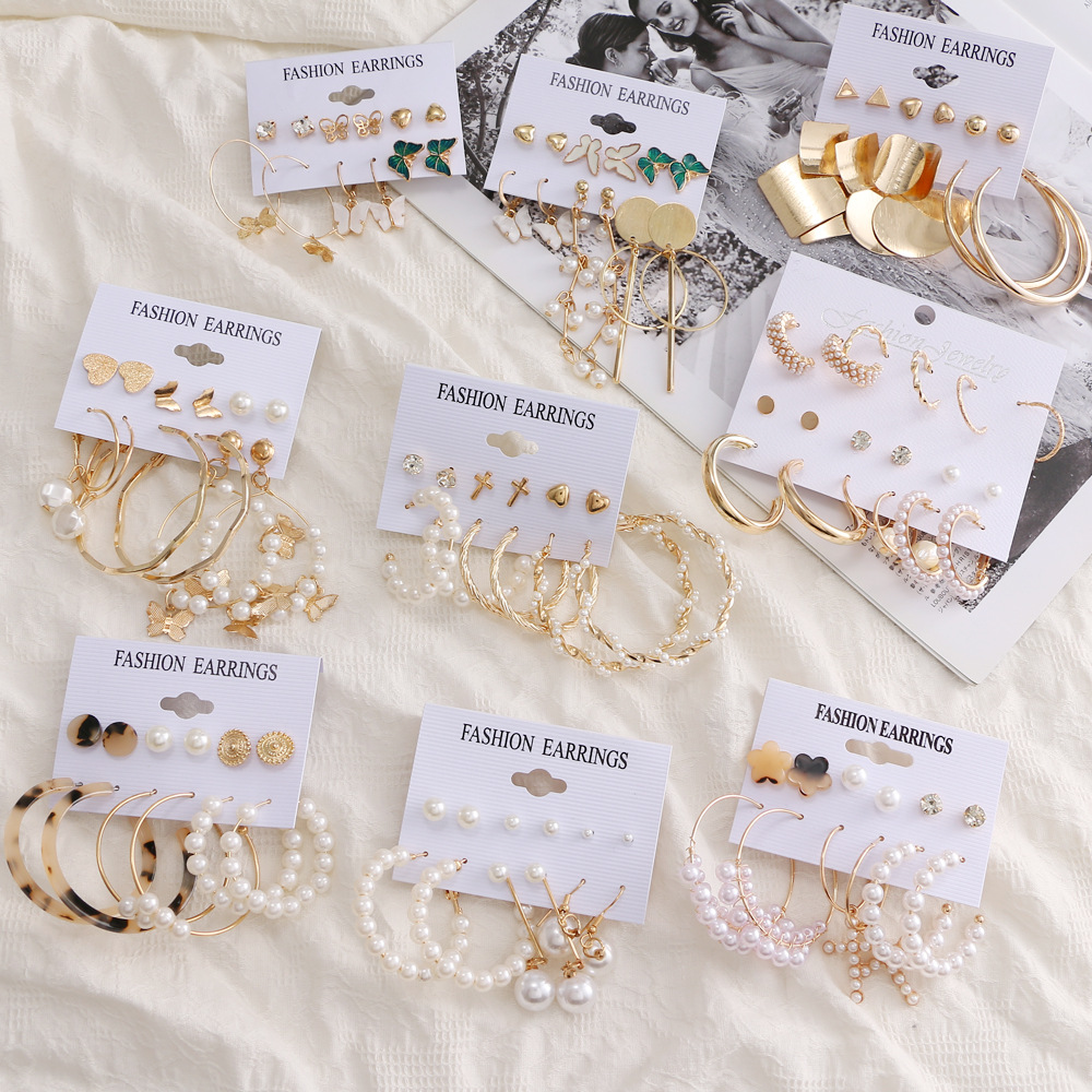 French retro gold ear ring set of 6 pieces, new European and American cross-border pearl-inlaid women's earrings full figure