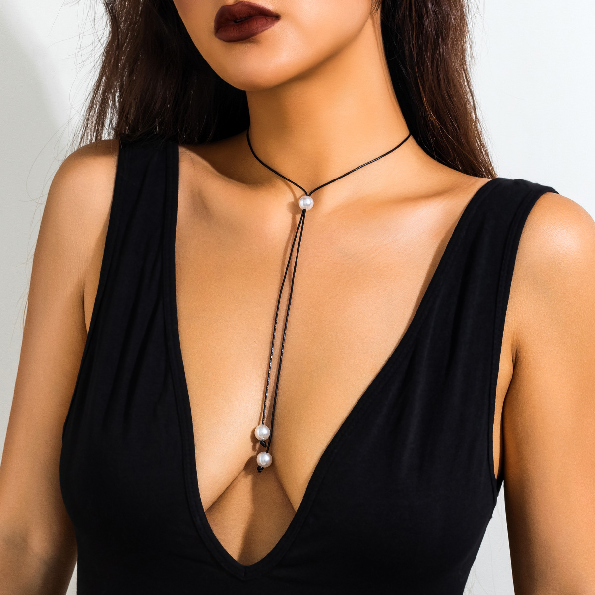 European and American cross-border jewelry: Simple wax thread tassel knot choker personalized necklace, Baroque imitation pearl necklace Specification drawing