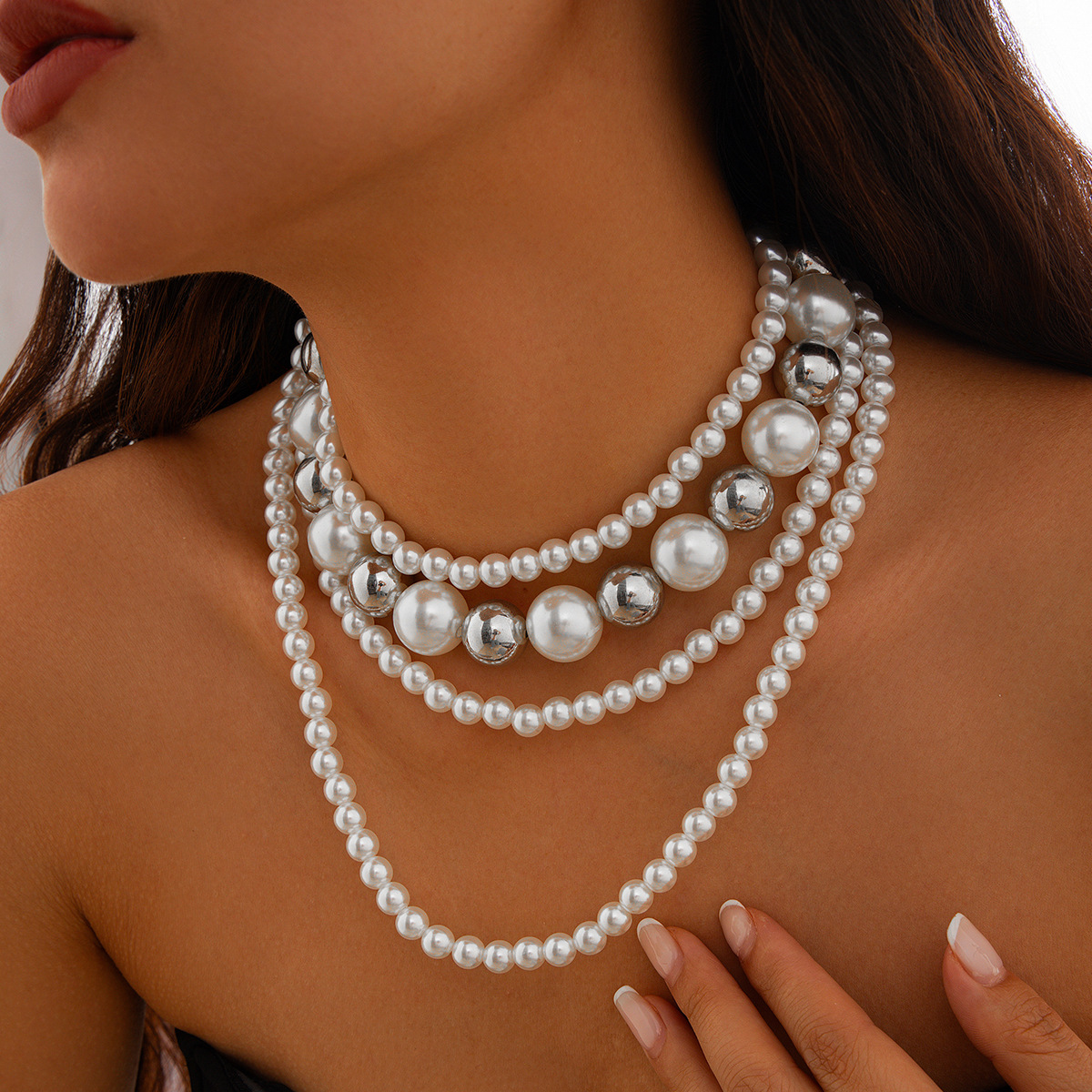 European and American cross-border jewelry, personalized multi-layer pearl imitation choker, Baroque exaggerated long collarbone chain for women Specification drawing