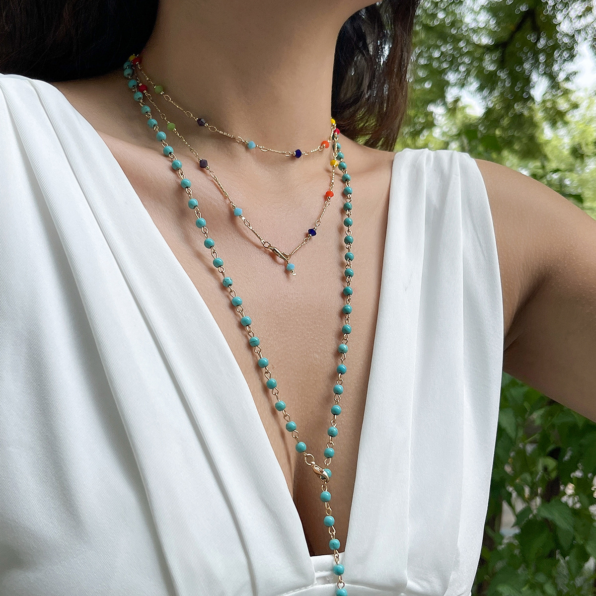 European and American cross-border jewelry, fashionable tassel Y-shaped chain necklace for women, simple multi-layer inlaid crystal collarbone chain details Picture