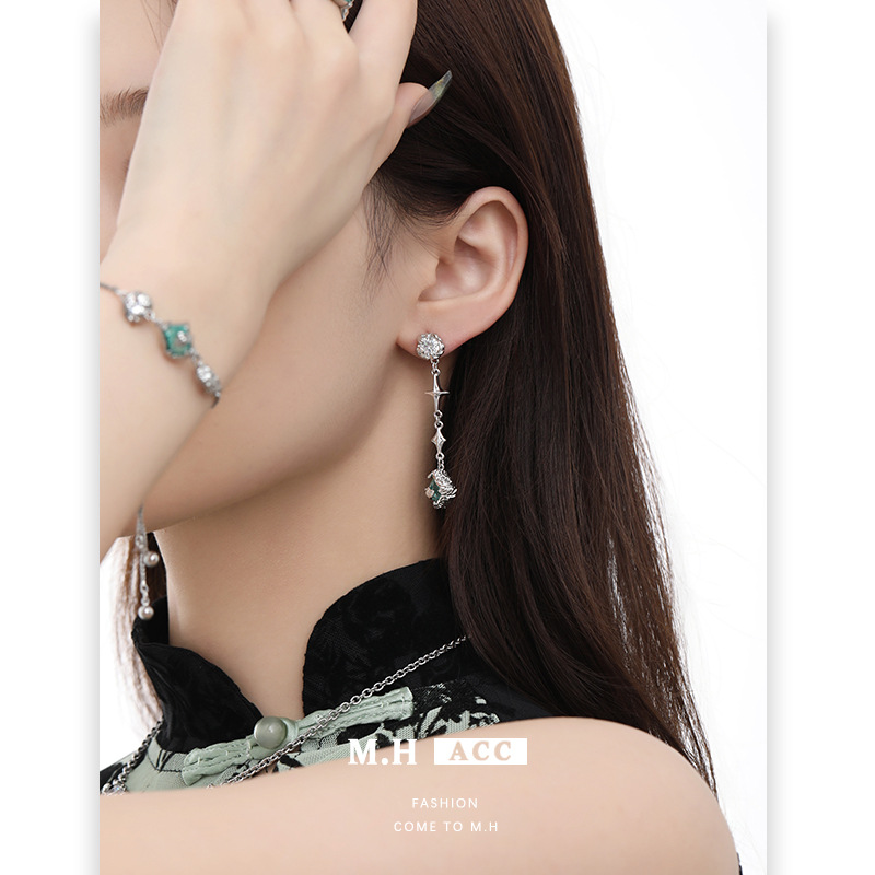 Original blue and green ice flower glass earrings, long and high-end zircon earrings, new autumn and winter fashion and versatile earrings for women details Picture