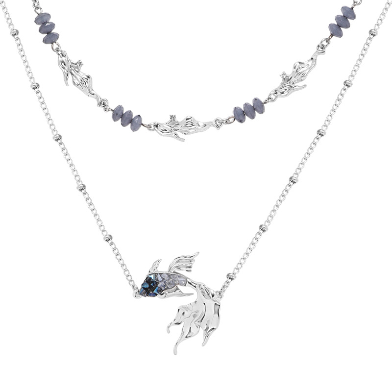 Double-layer layered gradient blue goldfish necklace with a fashionable design sense, cool and ins-style collarbone chain, original and niche pendant Item Picture