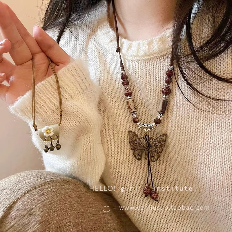 Bohemian ethnic style butterfly necklace, new Chinese retro long pendant for women, summer fashion, versatile and vacation style full figure
