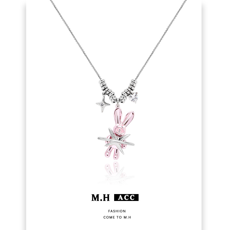 Sweet and cool ins pink rabbit necklace, women's fashion design sense, silver four-pointed star collarbone chain, niche and versatile pendant Specification drawing