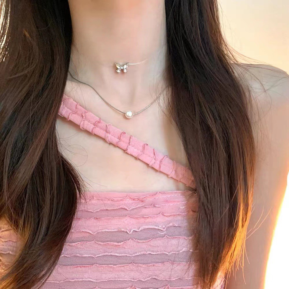 Pearl zircon butterfly necklace 2-piece set, simple Korean design style collarbone chain, fashionable and super ethereal charm necklace for women Specification drawing
