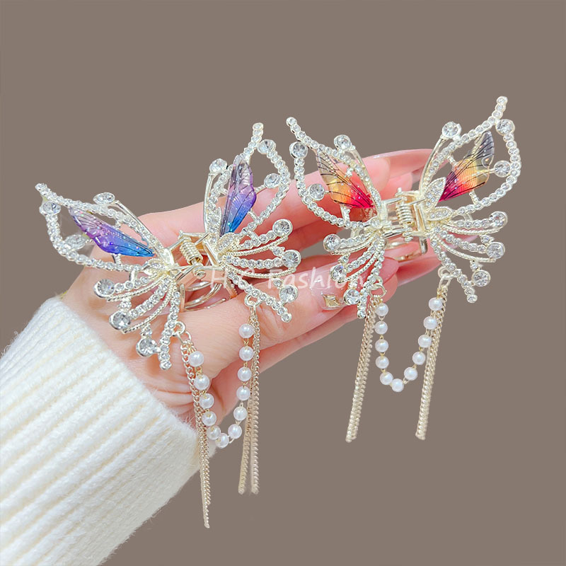 Butterfly hair clips exude a high-end feminine charm. Semi-tied hair tassel pendant hair accessory, a new style that makes women look super fairy-like. Back of the head clipper Specification drawing
