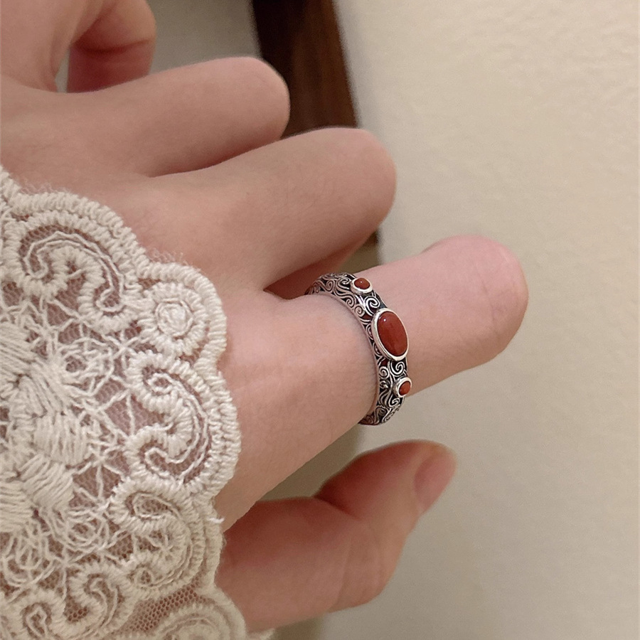S925 sterling silver Chinese-patterned red agate ring, a retro, aged, niche and versatile traditional Chinese style open ring for women details Picture
