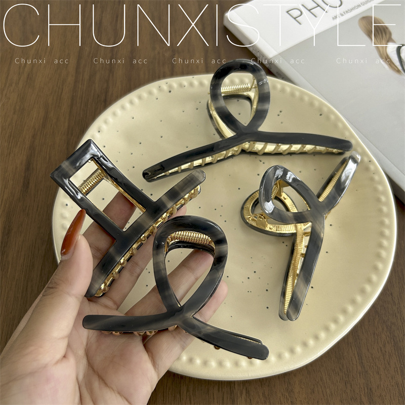 High-end grey ~ French retro acetate large gripper alloy splicing shark clip hair clip for women's back head hair clip headwear Specification drawing