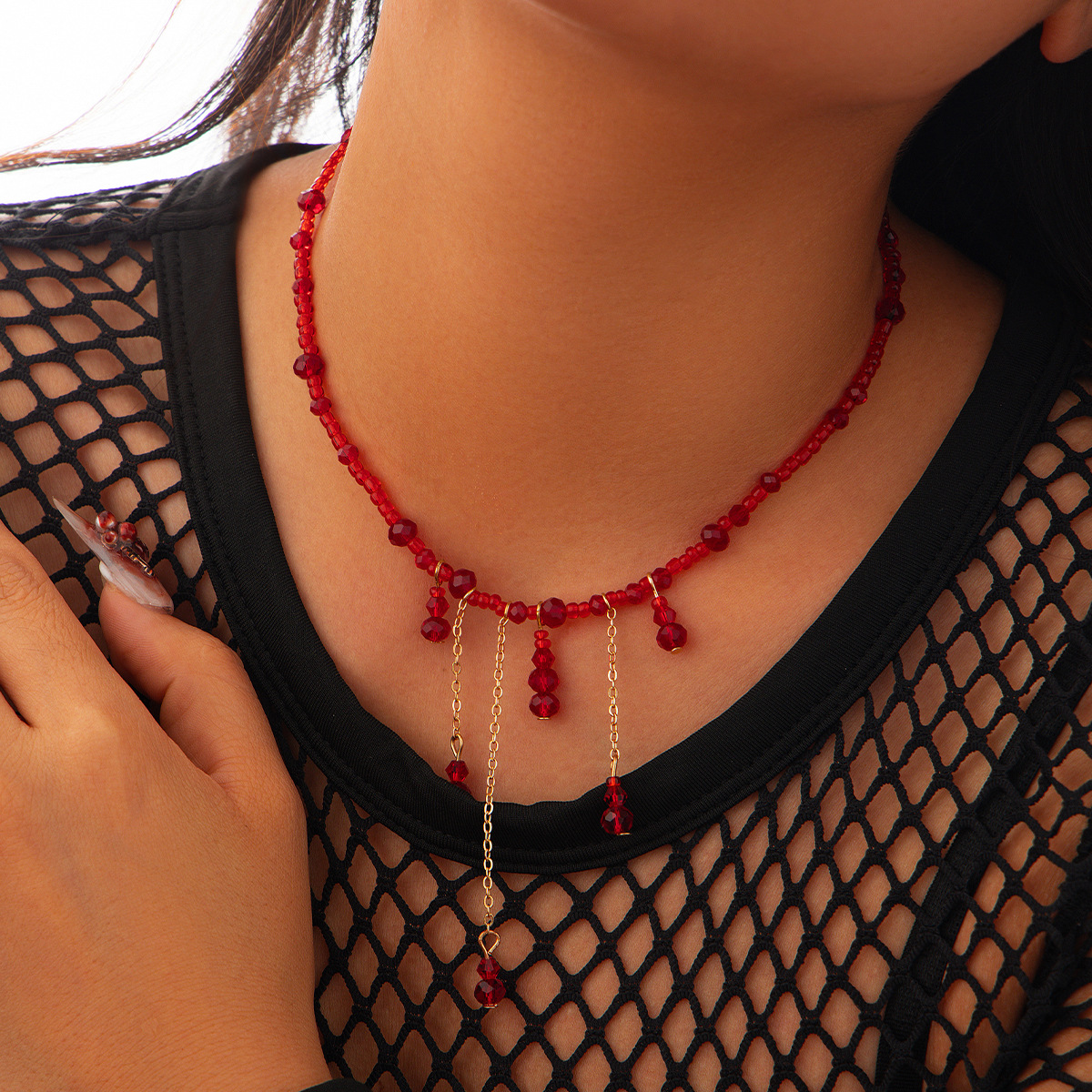 European and American cross-border accessories, cold style, blood drop crystal necklace, Halloween tassels, copper wrapped, iron collarbone necklace for women details Picture
