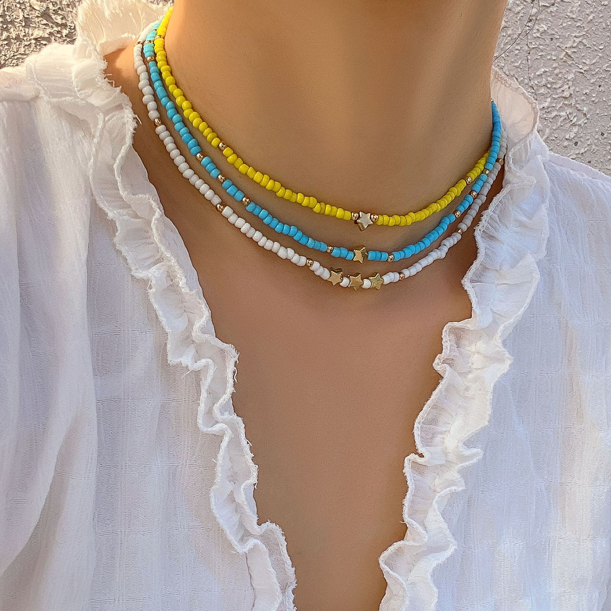 European and American cross-border jewelry, simple and rustic handcrafted rice bead beaded necklace, retro colorful star spice girl necklace details Picture
