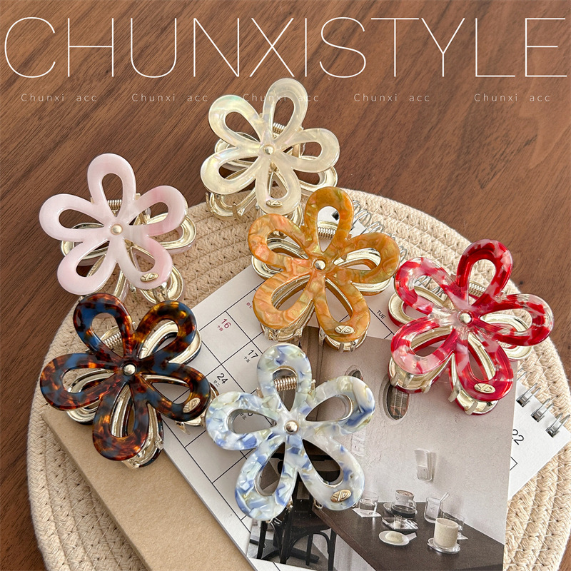 Retro acetate metal flower medium-sized gripper, half bun hair gripper at the back of the head, hair clip clip, hair accessory, headwear Specification drawing