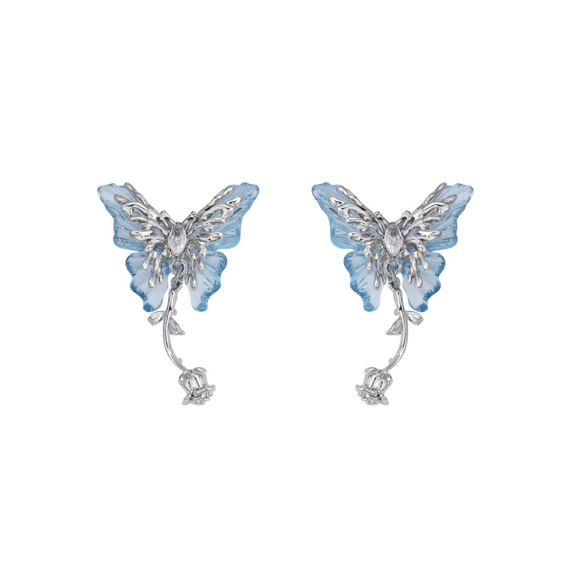 Original design blue butterfly series sweet and cool niche design necklace, fashionable and versatile, high-end earrings ring for women Item Picture