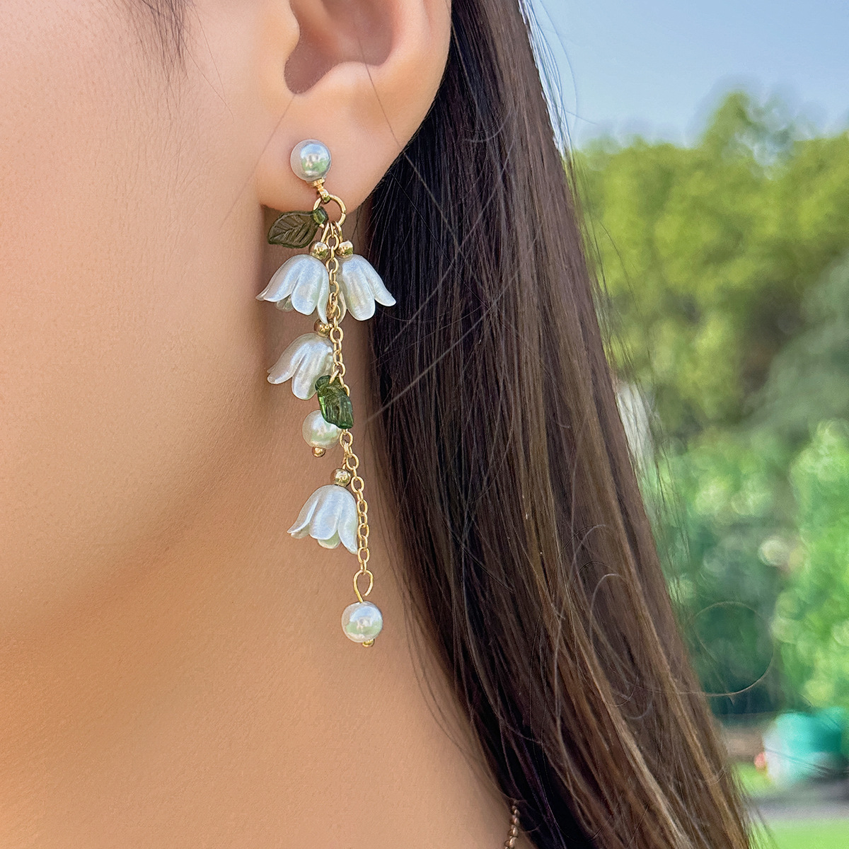 European and American cross-border jewelry, forest-themed sweet and fresh lily of the valley necklace, tassels, and pearl imitation earrings necklace set Specification drawing