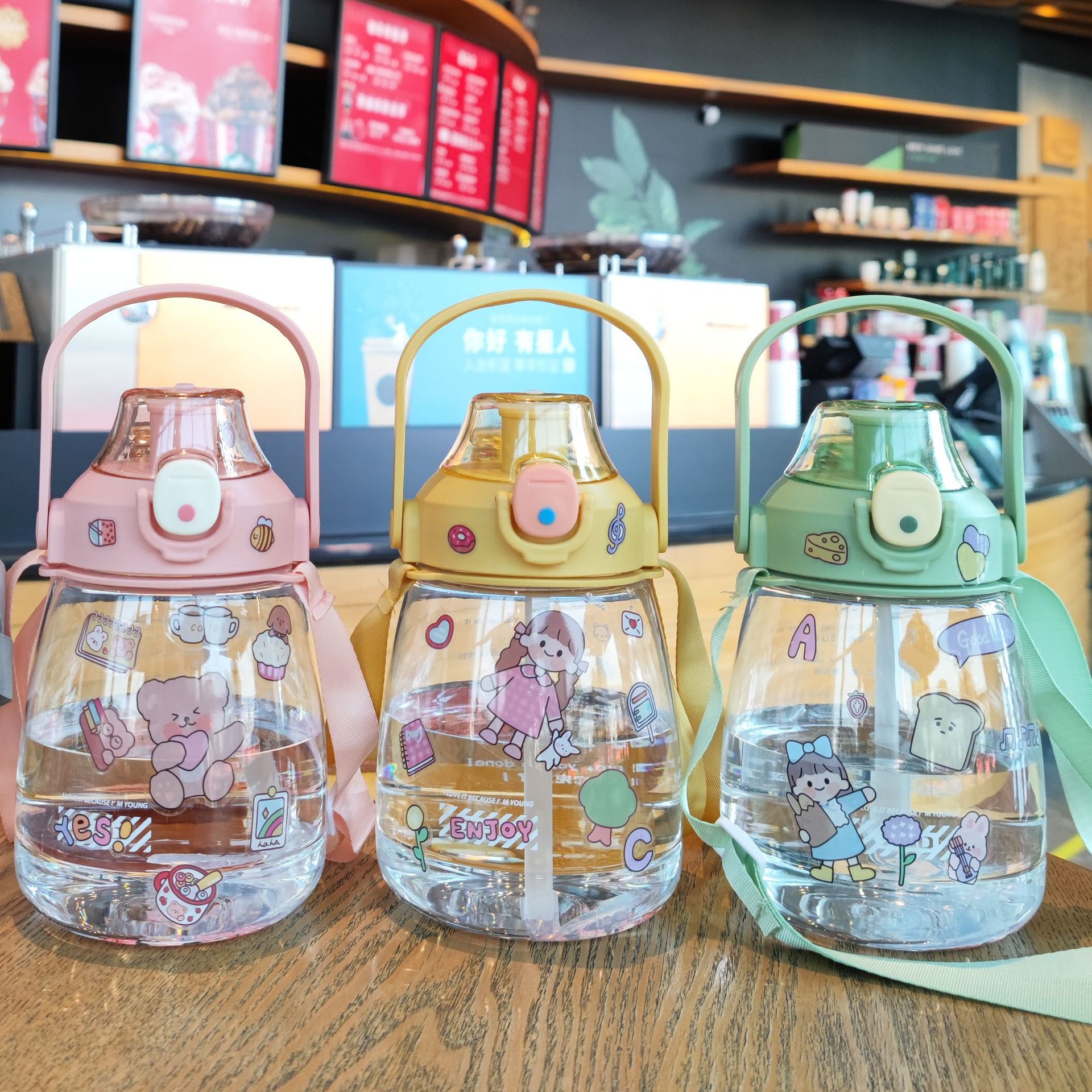 Large-capacity student portable backpack water bottle, children's straw, large-bellied cup with 2D stickers, popular chubby cup 1100ml details Picture