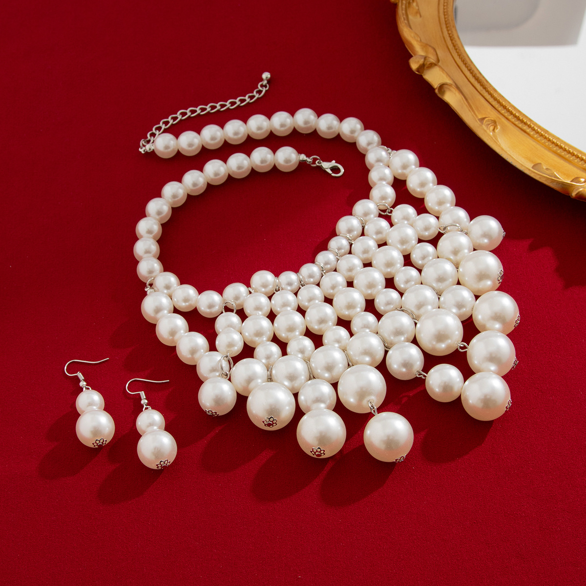 European and American cross-border jewelry, personalized pearl tassel necklace set, exaggerated geometric round bead multi-layer collarbone chain Application Scenario