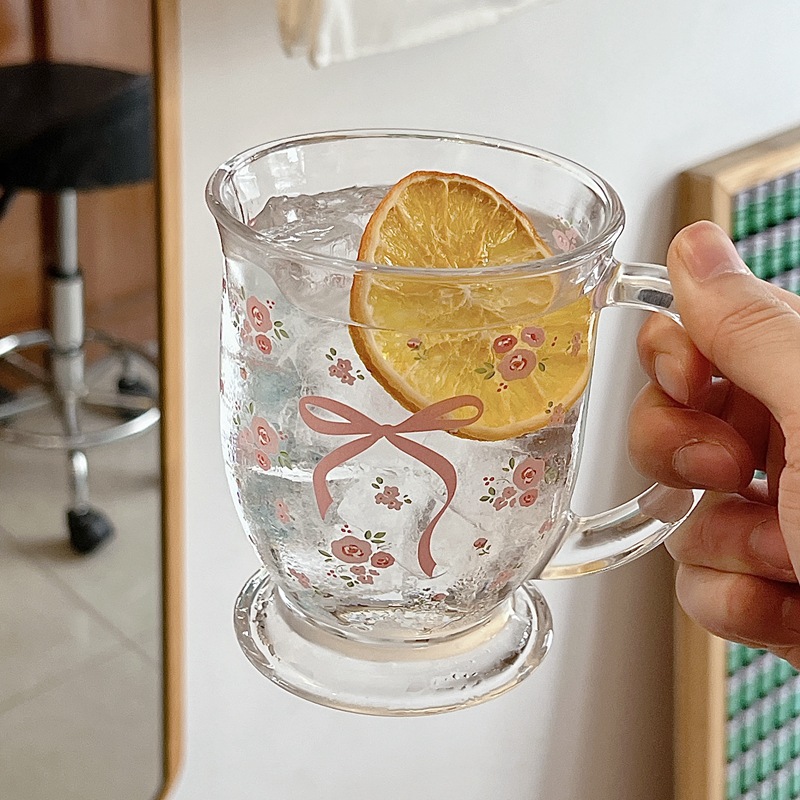 Original French rose glass cup, bow floral cold brew cup, couple milk cup, coffee breakfast cup with a girlish heart Specification drawing