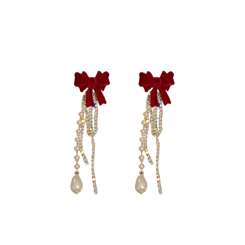 Long tassel flocked bow stud earrings for women, light luxury, fashionable, versatile, high-end and elegant ladylike earrings, a new trend Item Picture