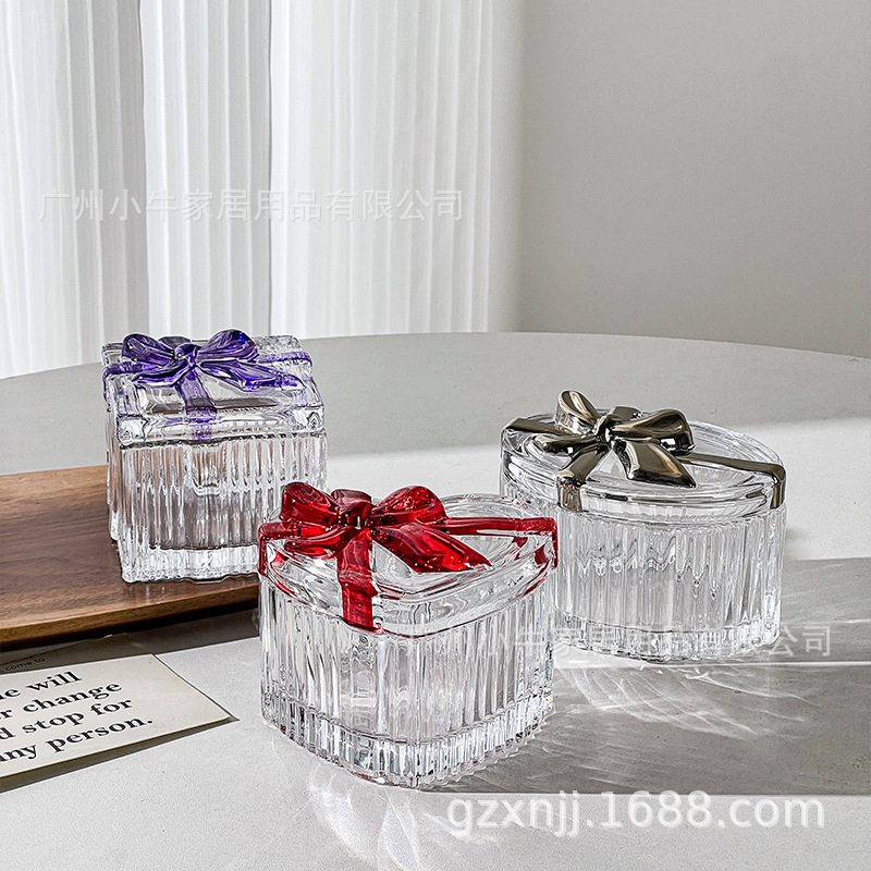 French girl heart storage box, bow-shaped heart-shaped glass jewelry decoration box, living room nuts, zero sugar, fructose jar Specification drawing