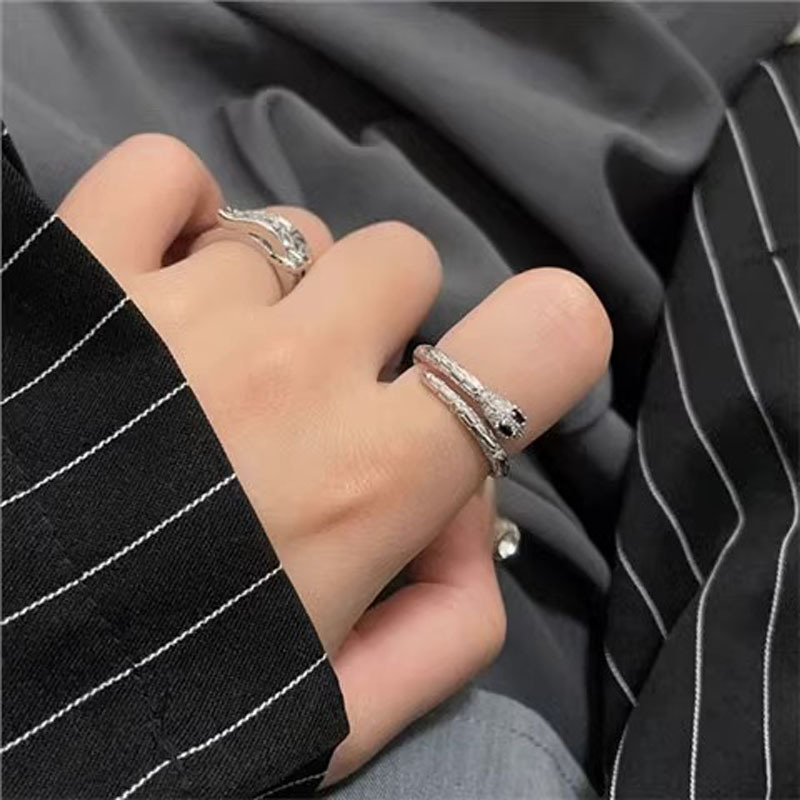 Cool double-layer leather lead zircon open ring for women, snake-shaped light luxury fashion, versatile ins cold style food ring full figure