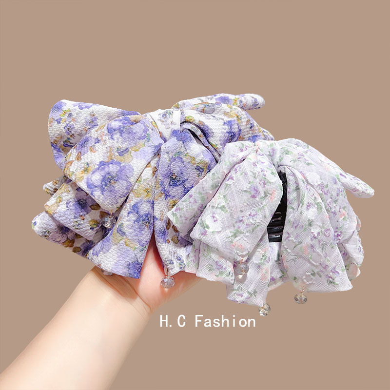 Dreamy purple floral patterns from Japan and South Korea, flowing large bows, beaded ponytail hair clips, half-tied hair accessories and hair clips details Picture