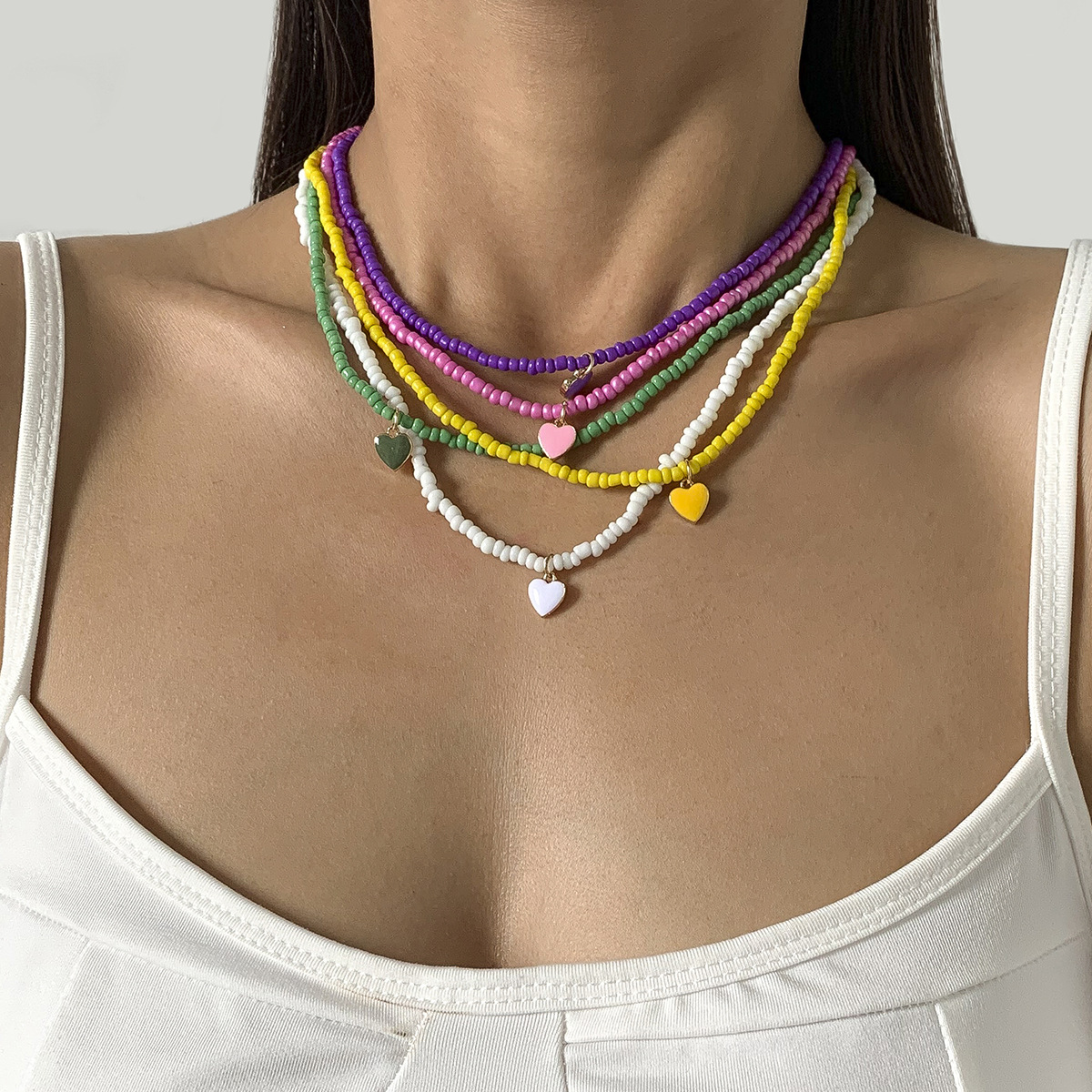 European and American cross-border jewelry, simple rice bead handcrafted necklace with oil and peach heart, geometric layered beaded necklace full figure