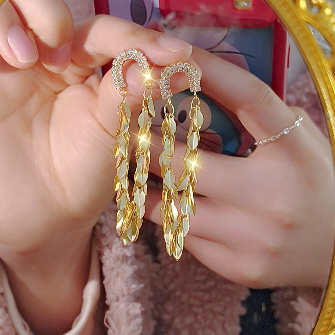 Cross-border European and American style metallic texture leaf tassel geometric zircon stud earrings, ins trendy and high-end earrings and pendants Specification drawing