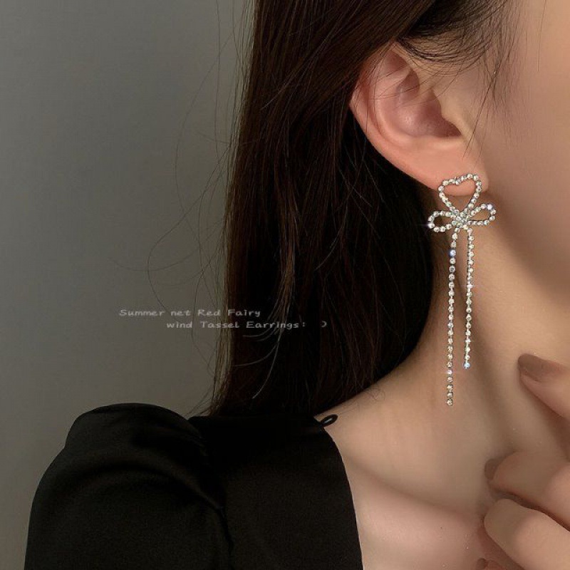 Light luxury water diamond bow tassel earrings, women's summer super fairy-like long stud earrings, exquisite Korean-style chic niche earrings Specification drawing
