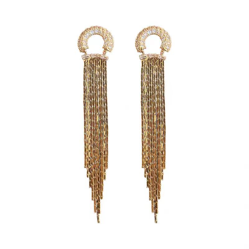 Light luxury, versatile, high-end and elegant, sparkling diamond geometric long tassel stud earrings, women's Instagram trendy, exaggerated and personalized, internet-famous earrings Item Picture
