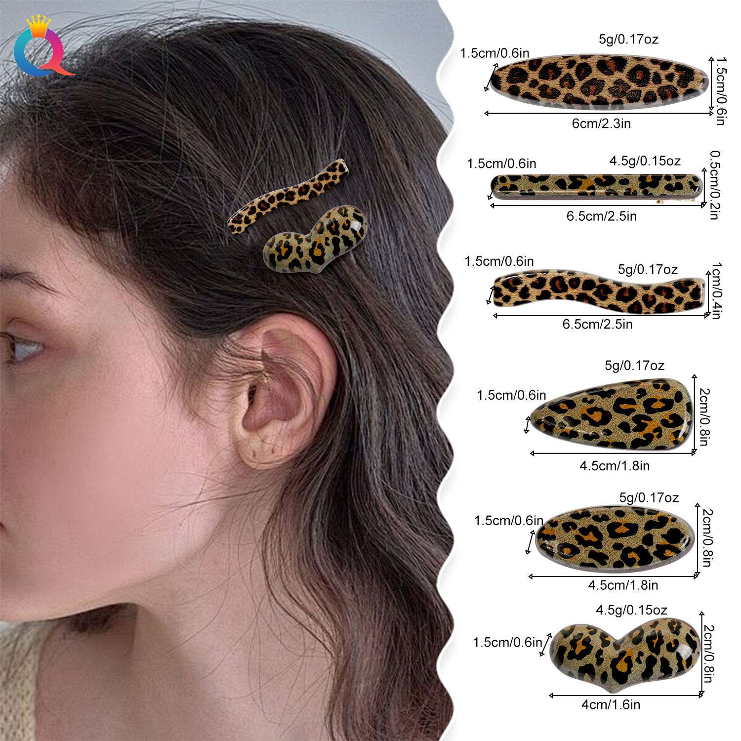 Wholesale of Qiyue Cross-border leopard Print Coffee-colored duck bill clips, high-end side bangs clips, geometric hair clips and hair accessories Specification drawing