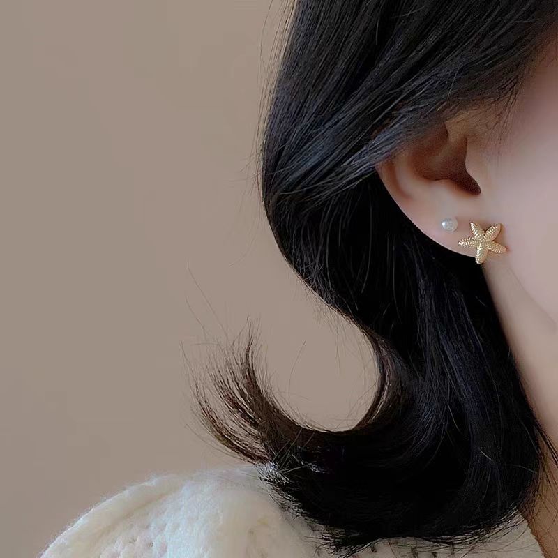 925 Starfish Shell Imitation Pearl Stud Earrings Women's Seaside Vacation Style Four-piece Set Earrings and Earrings Commemorative Gift Specification drawing