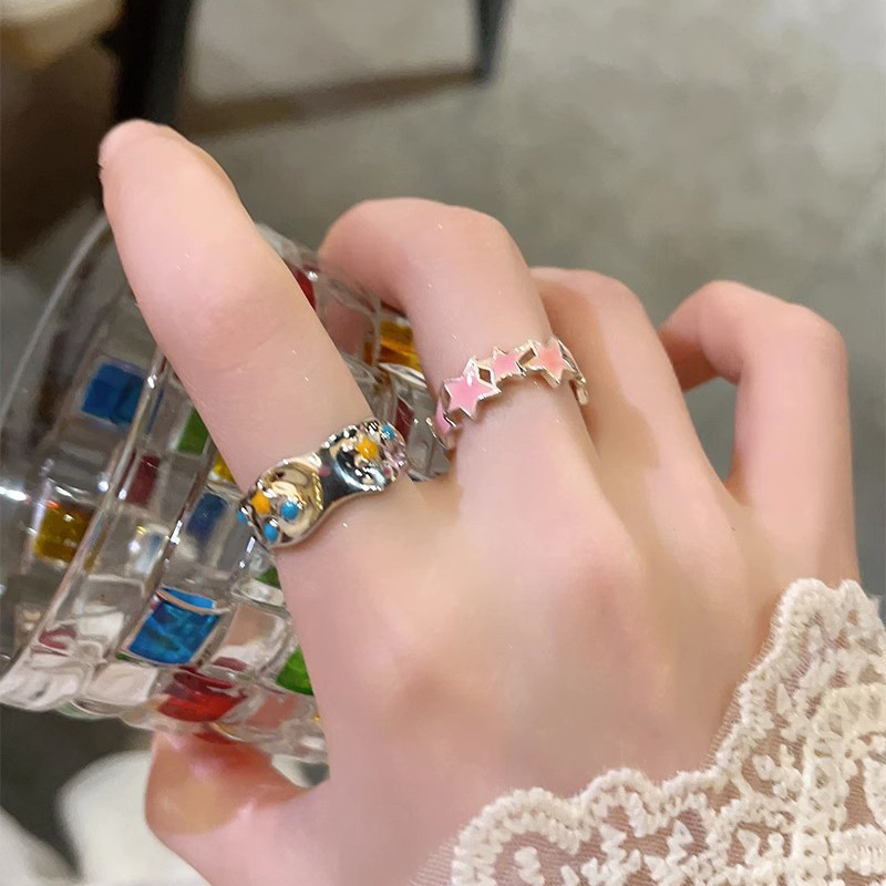 Pink star-colored drip glaze open ring, niche design, cold style, high-end feel, light luxury, individual and simple ring full figure