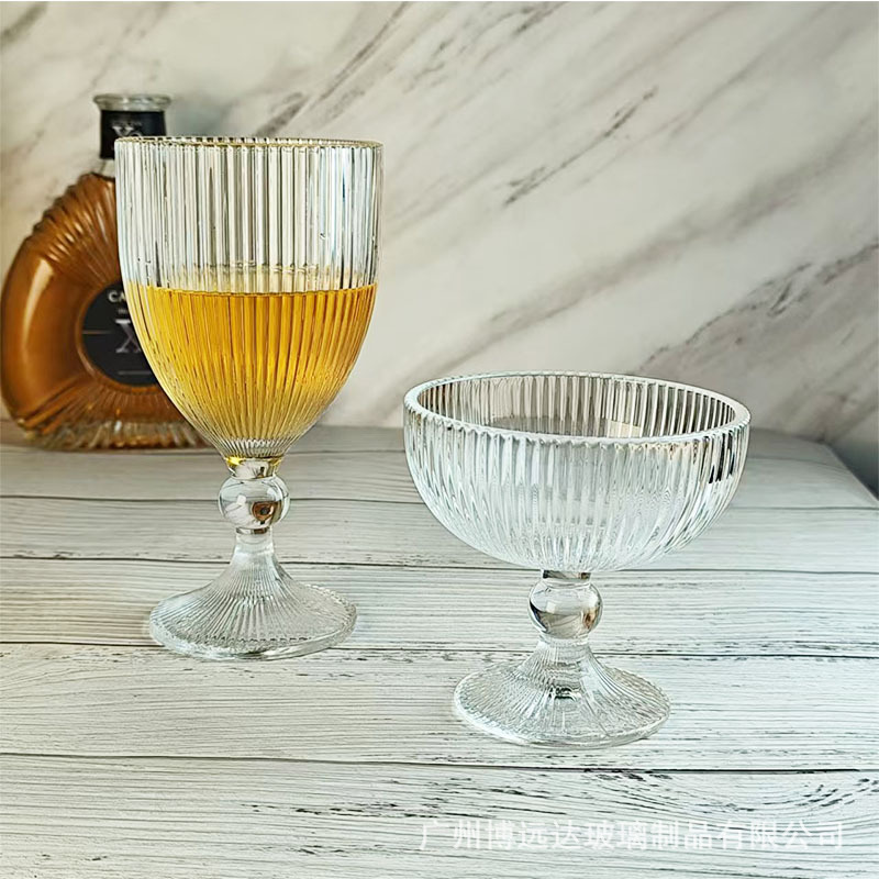 Vertical striped high-footed glass cups, ice cream cups, glass dessert cups, yogurt cold drink ice cream cups, champagne cups, wine glasses details Picture