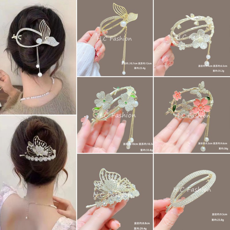 High-end ancient-style flower tassel hair clips for women, a new internet-famous bestseller with a stylish twist clip bun hair clip full figure