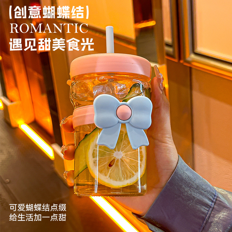Creative butterfly water cup, cute bow straw cup for girls, couple gift cup, 480ml covered glass cup Specification drawing
