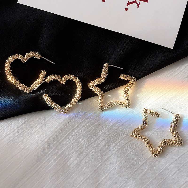 s925 Metal hollowed-out heart-shaped star five-pointed star earrings, women's silver stud earrings, simple, fashionable, individual and trendy full figure