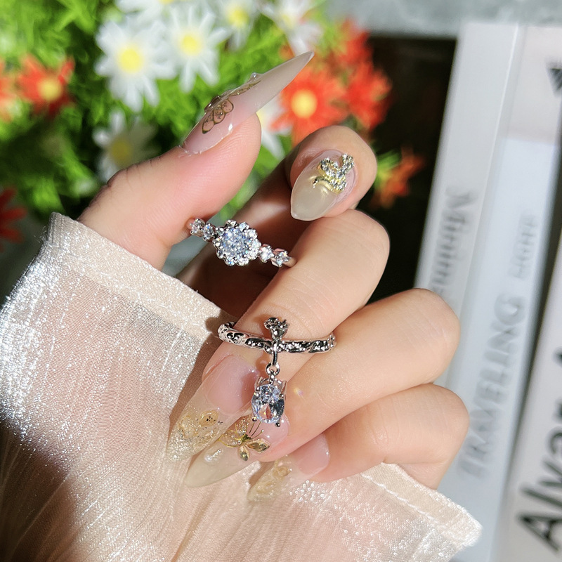 Korean full-diamond, elegant, light luxury, high-end, fashionable open ring, a cold and elegant woman, Su's unique personality index finger ring Specification drawing