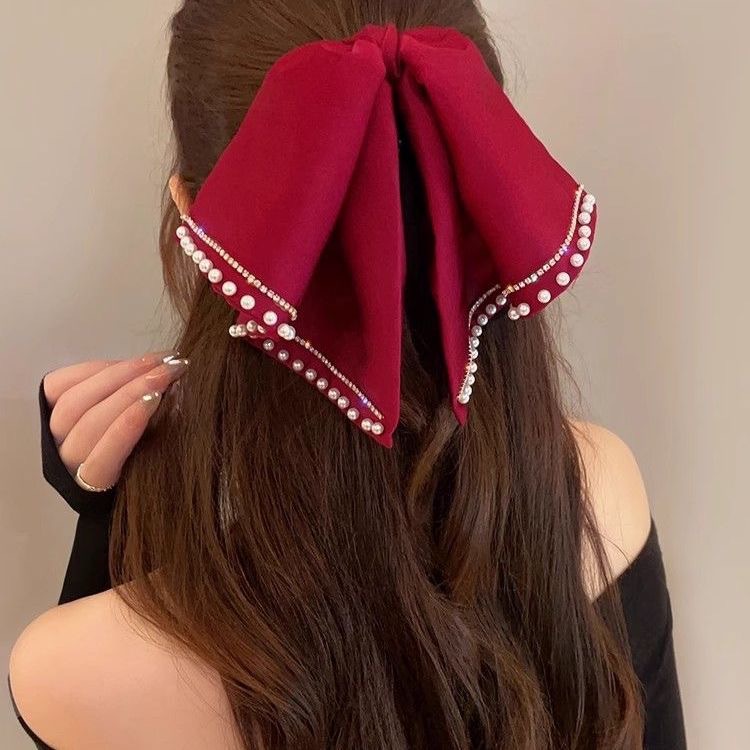 A new high-end satin bow clip for women, with a small amount of hair and a low ponytail clip headwear, and a hair clip at the back of the head Specification drawing