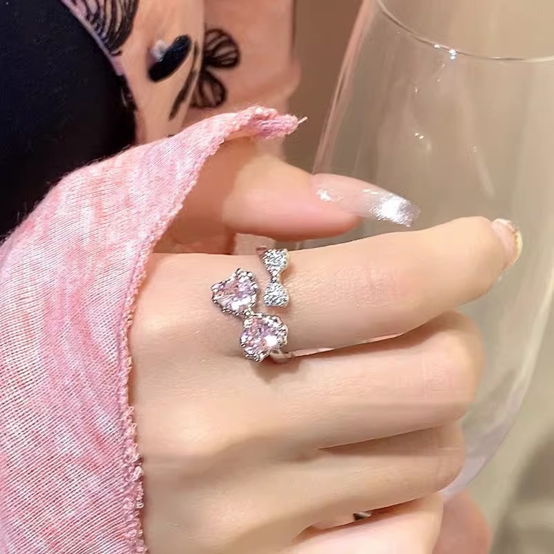 Sweet and cool pink diamond bow open ring, women's light luxury and elegant index finger ring, niche design, high-end and fashionable ring details Picture