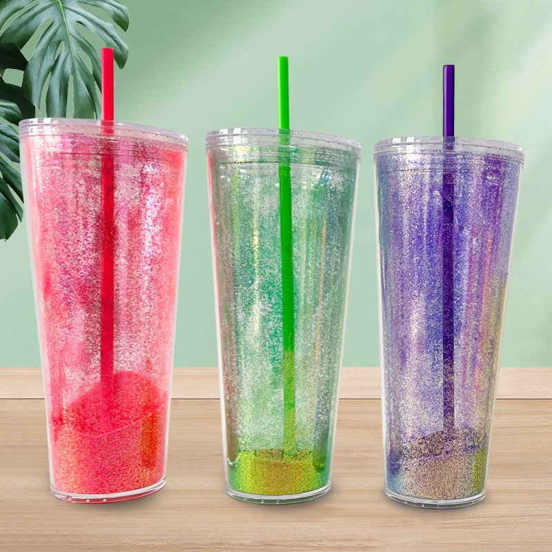 【 Processing and Customization 】 Double-layer laser glitter straw cup, girls' plastic cup, drinking cup, students' water cup, 710ml full figure