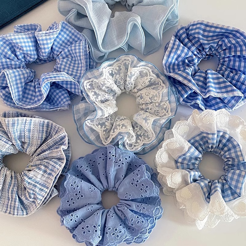 Sea salt blue large intestine hair band, Korean spring and summer fresh, super large lace checkered ponytail bun hair rope for girls full figure