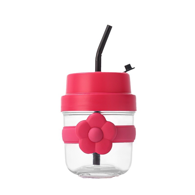 High appearance level glass cups, creative flowers, small flowers, straw water cups, cute and portable water cups for students, wholesale Item Picture