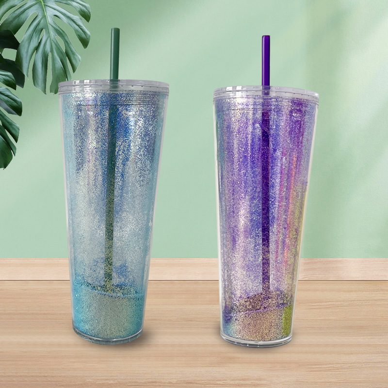 Wholesale personalized double-layer laser glitter straw cups, girls' plastic cups, drinking cups, students' water cups 710ml Specification drawing